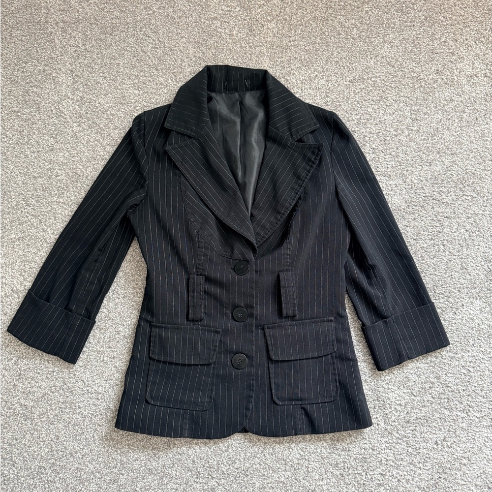 Classic Black Pinstripe Women's Blazer 3/4 sleeve